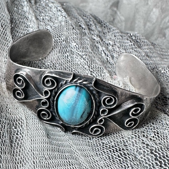 Vintage J Comes Taxco Turquoise Bracelet Cuff Mexico 925 Handmade 6.75-7.0 5511 - Picture 7 of 12